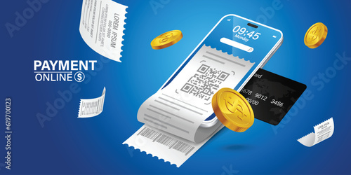 Bill of expenses is on mobile phone.Pay bills with mobile phone.Online shopping spending.Online shopping via smartphone.Bill payment flat isometric vector concept of mobile payment, shopping, banking.