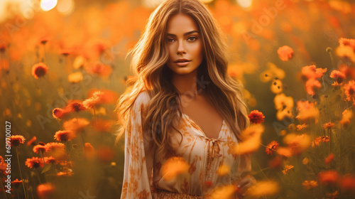 portrait of a woman in sunset, young girln in field of flowers, generative ai