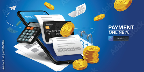 Bill of expenses is on mobile phone.Pay bills with mobile phone.Online shopping spending.Online shopping via smartphone.Bill payment flat isometric vector concept of mobile payment, shopping, banking.