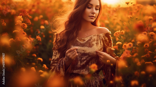 portrait of a woman in sunset, young girln in field of flowers, generative ai