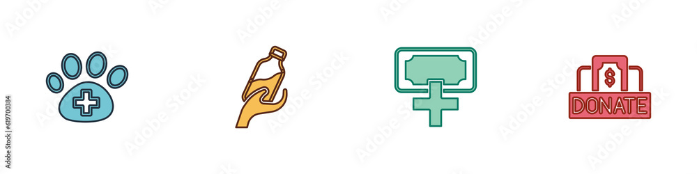 Set Veterinary clinic, Donation water, and charity and icon. Vector Set Veterinary clinic, Donation water, and charity and icon. Vector