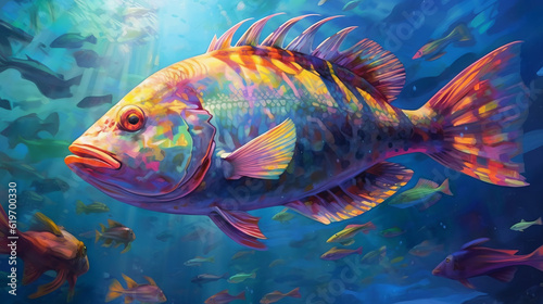 fish in aquarium, colorful large fish in an ocean, generative ai