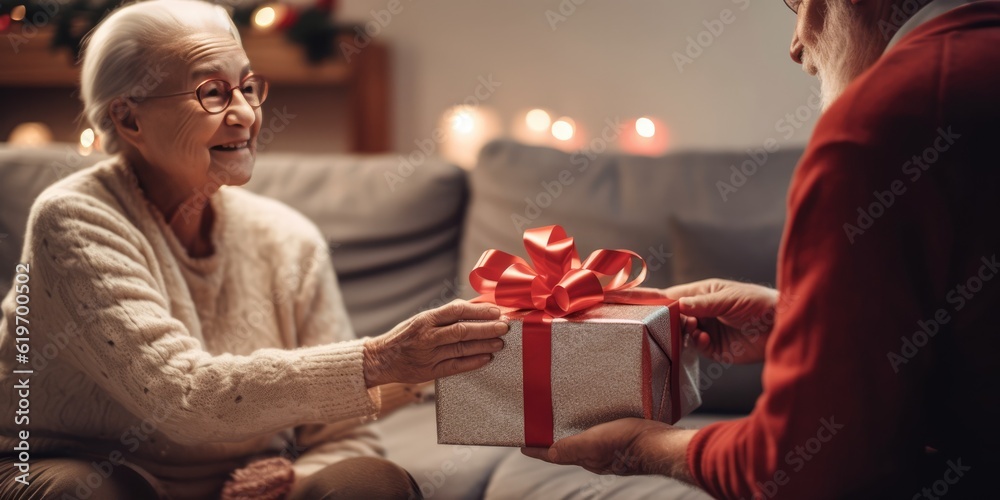 Closeup on hands. Elderly man giving a gift box to elderly or old woman for Birthday, Christmas and New year. Young loving husband making surprise for wife anniversary. Family lifestyle, generative ai