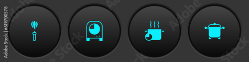 Set Kitchen whisk, timer, Cooking pot and icon. Vector
