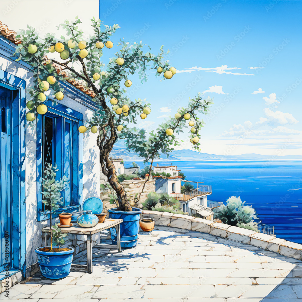 greece decoration pieces in mediterane style as watercolor painting - obrazy, fototapety, plakaty 