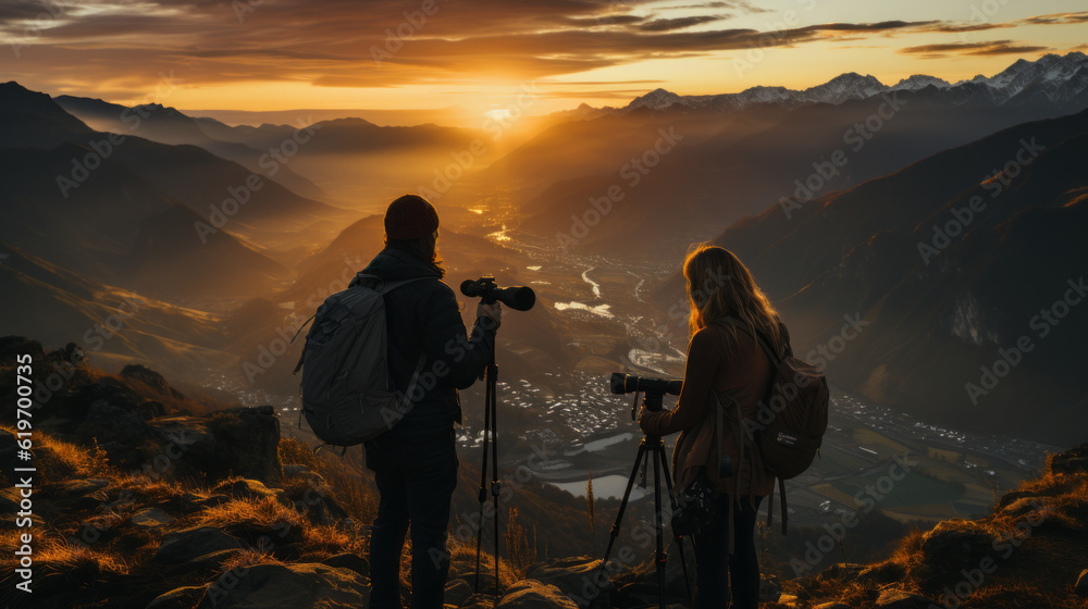 Fototapeta premium silhouette of a couple in the mountains, generative ai
