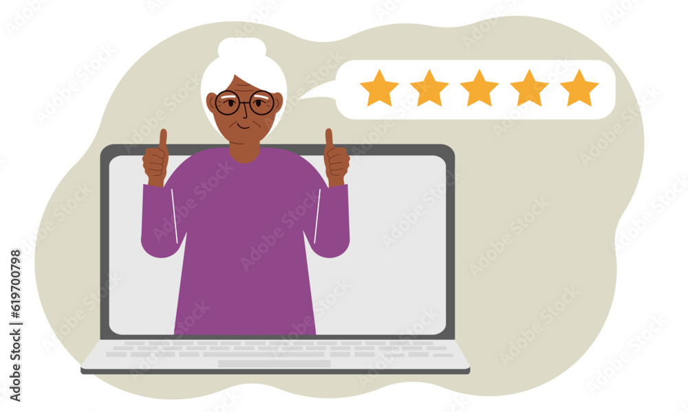 User reviews. Laptop with a woman with thumbs up. Customer Review, Online Review, Star Rating, Feedback. Rating bubble.