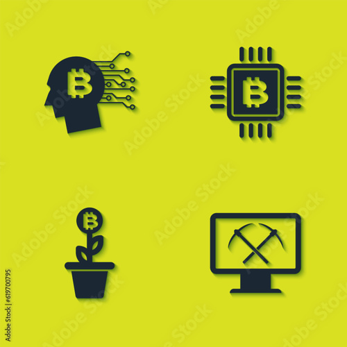 Set Bitcoin think, Mining with monitor and pickaxe, plant the pot and CPU mining farm icon. Vector