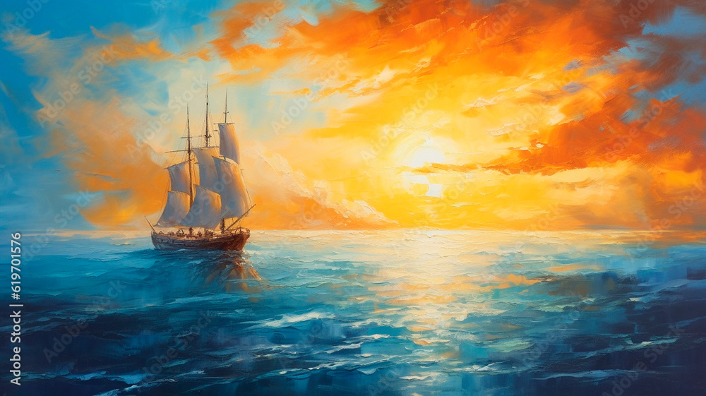 sailboat boat at sunset on the ocean, oil paint thick epic blue sea waves, clouds, acrylic masterpiece. Generative AI
