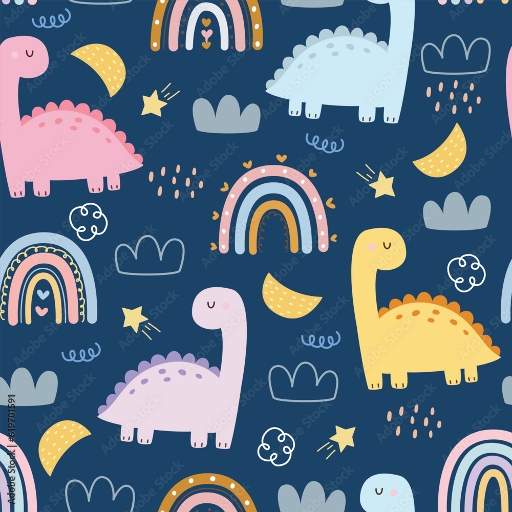 Vibrant cartoon dinosaur illustration on seamless patterns - Creative and adorable artwork for children's entertainment and design. Fun and lively character design.