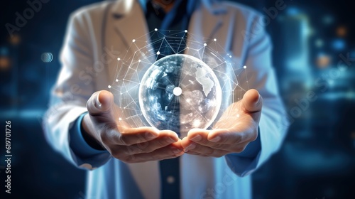 global network and technology covered across the world map sphere in scientist / medical professional hand
