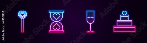 Set line Lollipop, Heart in the center hourglass, Wine and Wedding cake with heart. Glowing neon icon. Vector