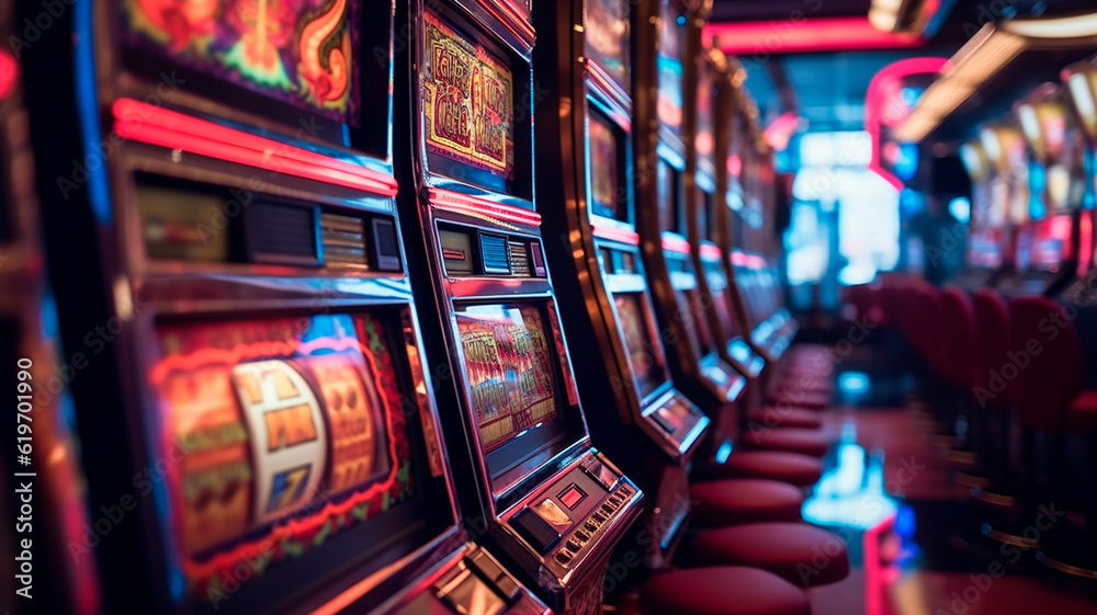 Slot machines in a casino in a close-up shot, macro shot. Generative AI