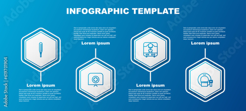Set line Medical thermometer, Nurse hat with cross, X-ray machine and Tomography. Business infographic template. Vector