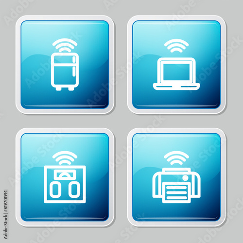 Set line Smart refrigerator, Wireless laptop, bathroom scales and printer icon. Vector