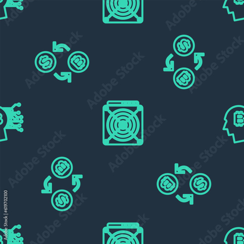 Set line ASIC Miner, Cryptocurrency exchange and Bitcoin think on seamless pattern. Vector