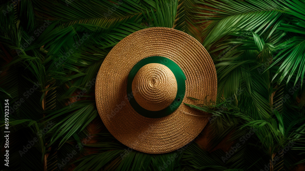 Summer straw hat and palm leaves on green background. Generative AI