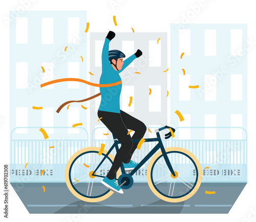 Flat vector human character of bike rider crossing finish line