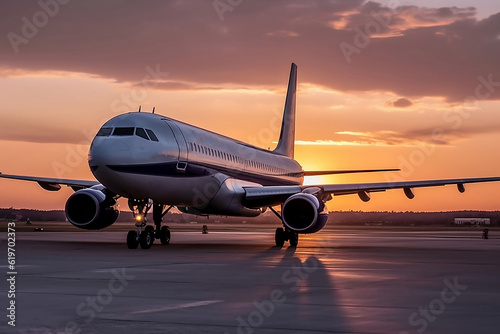 plane at sunset. 