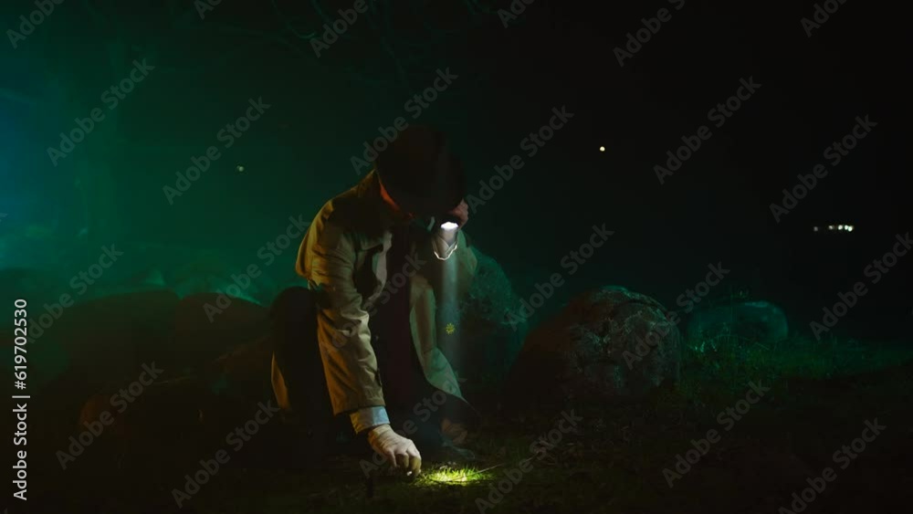 cinematic shot portrait of a stylish retro detective who collects evidence crime scene wide view cinematic shot portrait of a stylish retro detective who collects evidence crime scene wide view