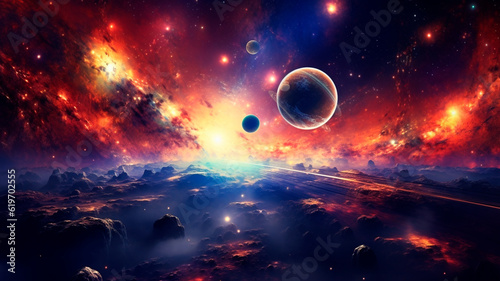 Space digital artwork. Surreal fantasy cosmos. Nebula with planets and stars. Generative AI