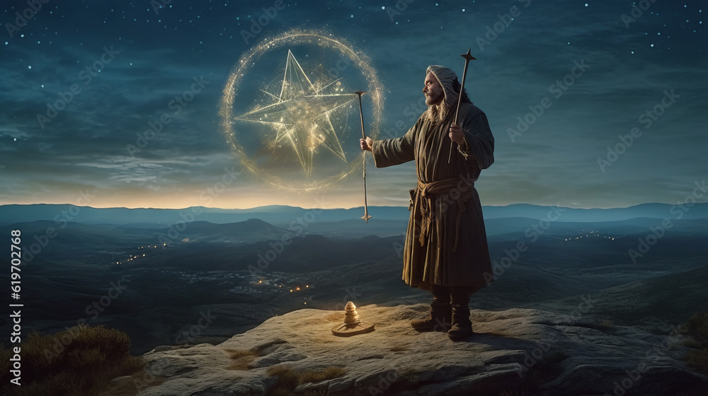 halloween scene with moon, sorcerer using an astrolabe to gain forbiden power, generative ai - obrazy, fototapety, plakaty 