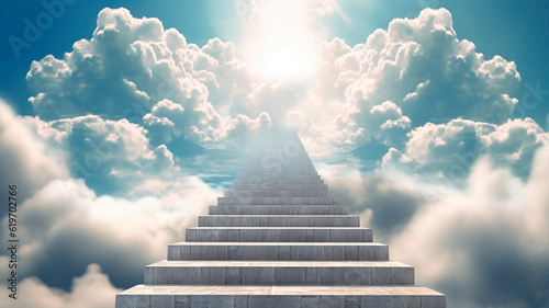 Stairs to heaven visualization. Stone stairs going up to the cloudy sky visualization. Bright light visible in clouds representing heaven. Generative AI © Aghavni