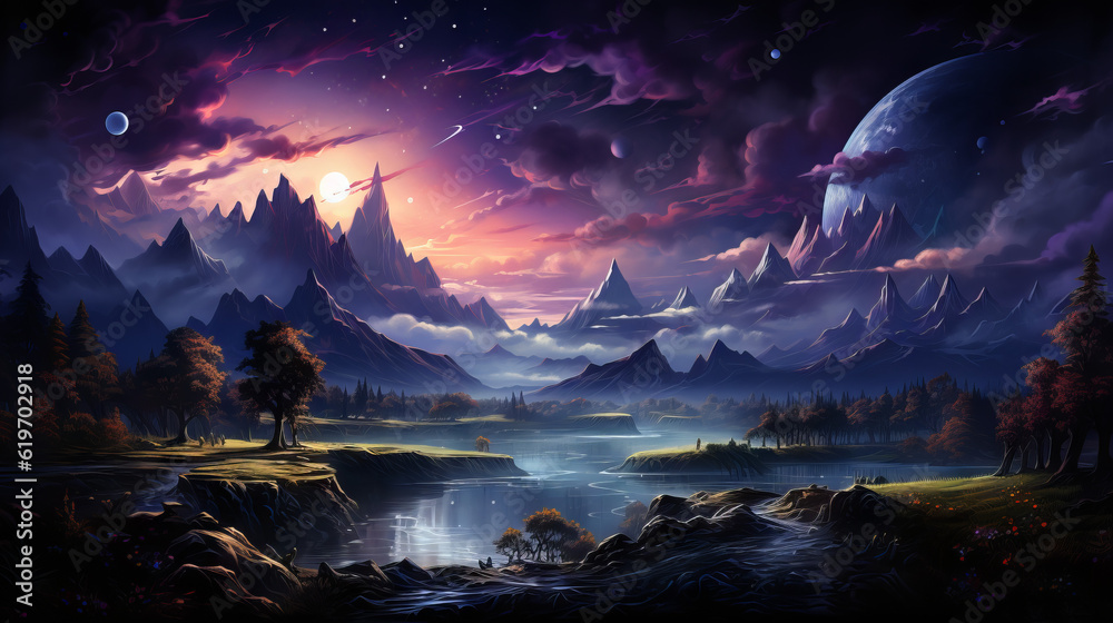 landscape with water and moon, star forest with magic mountains, generative ai