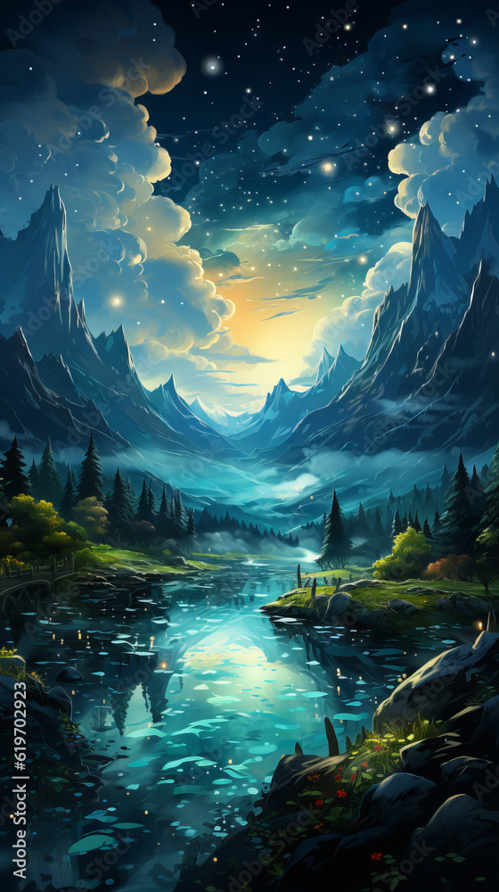 landscape with water and moon, star forest with magic mountains, generative ai landscape with water and moon, star forest with magic mountains, generative ai