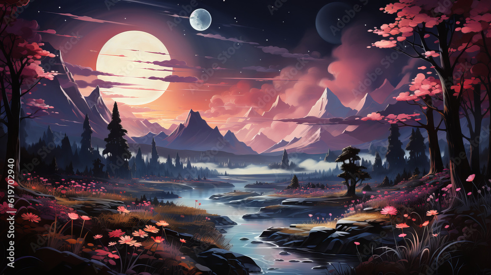 landscape with water and moon, star forest with magic mountains, generative ai