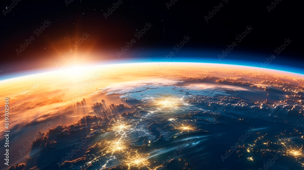 sunrise above the earth curvature as seen from space including polar lights. Generative AI
