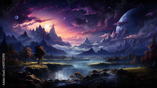 landscape with water and moon, star forest with magic mountains, generative ai © TheGoldTiger