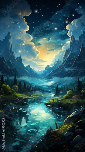 landscape with water and moon  star forest with magic mountains  generative ai