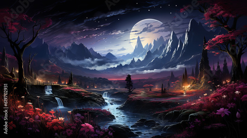 landscape with water and moon, star forest with magic mountains, generative ai