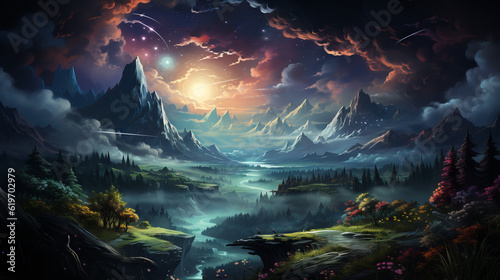landscape with water and moon, star forest with magic mountains, generative ai © TheGoldTiger
