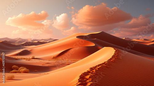 Sand dunes with sky and clouds during sun set, generative ai