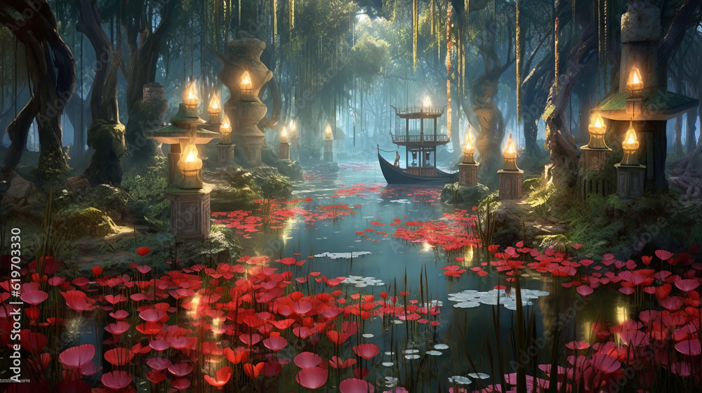 Swamp everglades japanese maple park with lake, generative ai
