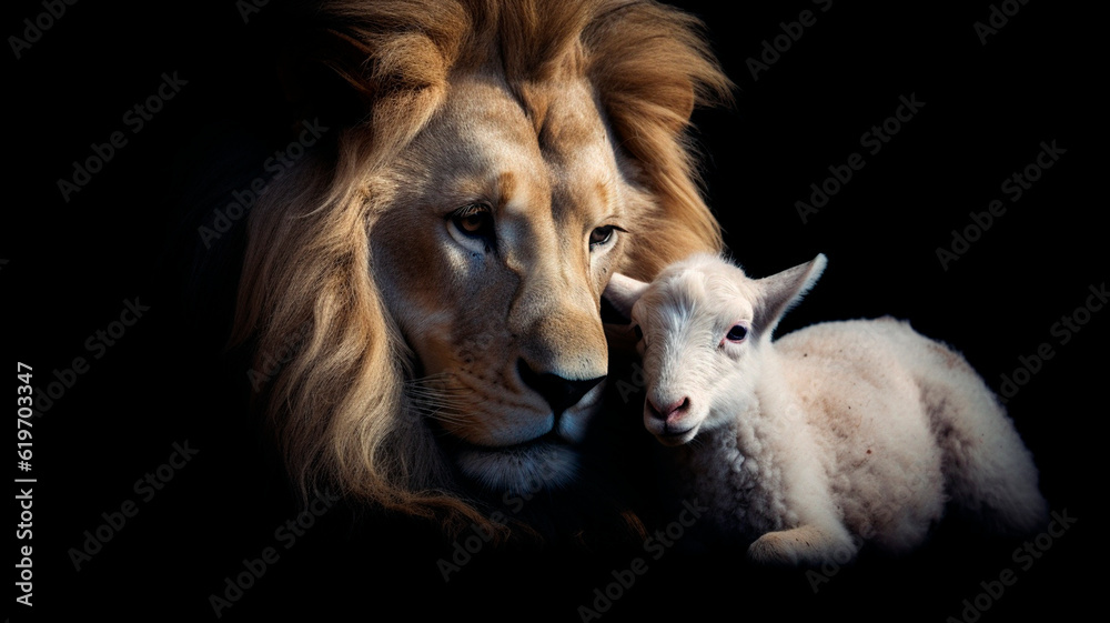Fototapeta premium The Lion and the Lamb together. Image on black background created. Generative AI