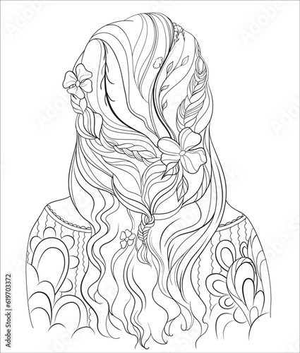 Illustration of a black and white coloring girl with a hairstyle in Boho style
