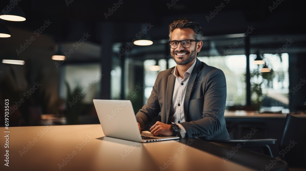 Handsome young business man standing confident in the office. Generative Ai.