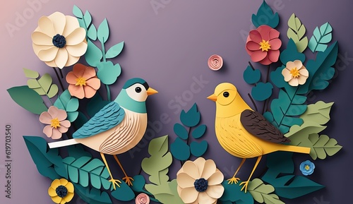 two cute 3d paper cut birds ai generated
