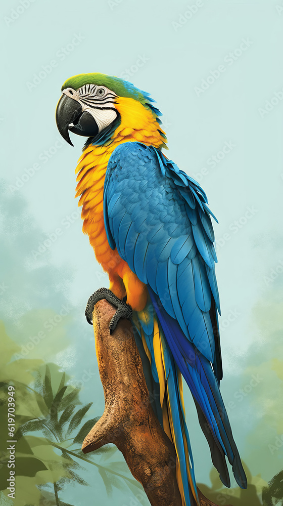 Fototapeta premium blue and yellow macaw ara, colorful parrot, generative ai