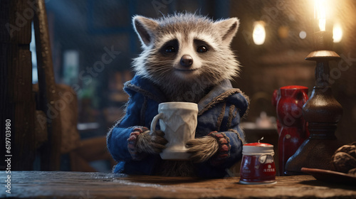 Tiny cute fluffy baby raccoon with cup of coffee  generative ai