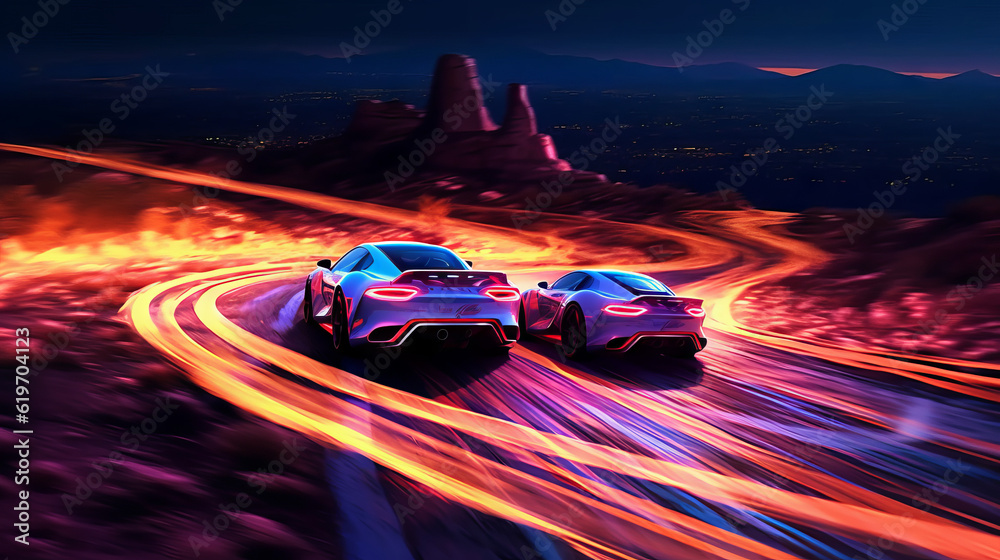 driving in the desert, two cars drifting on track at night, generative ai