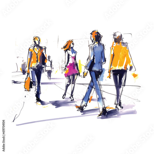 vector illustration: crowd of people walking along city street. Sketch made with marker and watercolor
