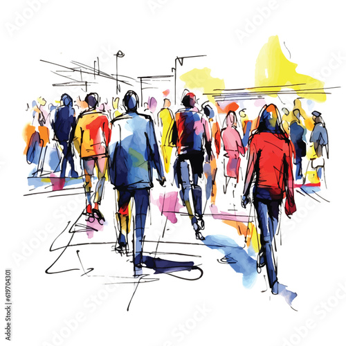 vector illustration: crowd of people walking along city street. Sketch made with marker and watercolor