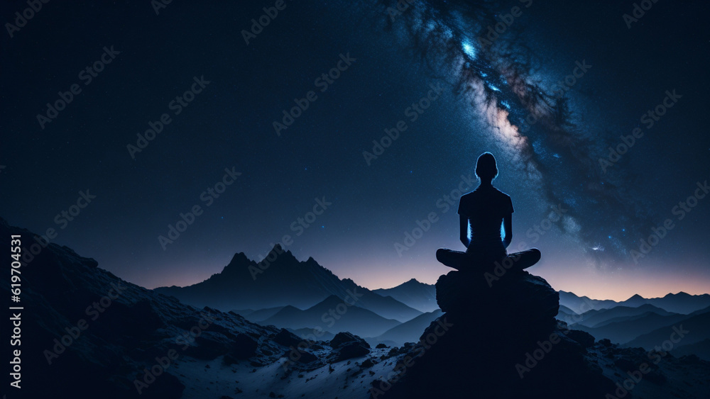Silhouette of a girl meditating on a mountain top.