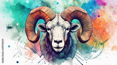 illustration of a sheep with horns, ares symbol with rainbow pastel colors, generative ai