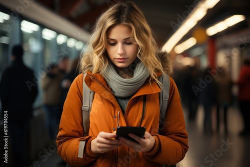 A young woman standing on the platform of a train station is consulting with a mobile phone.