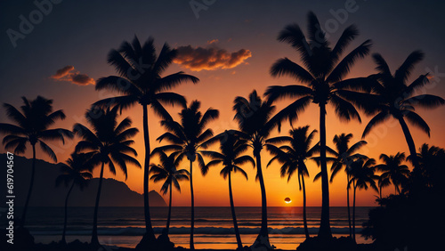 Silhouette of palm trees on the beach at sunset. Vintage style. © MrBaks